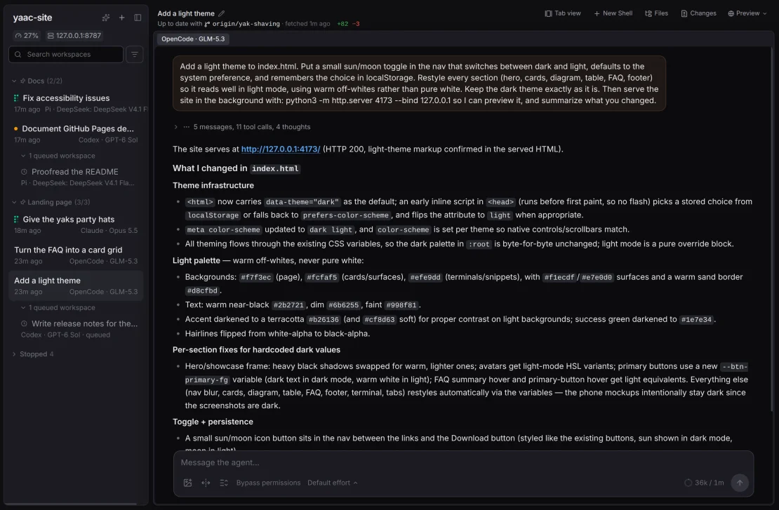 yaac with workspaces in two groups, two of them running and two queued, and an OpenCode chat summarizing the light theme it added