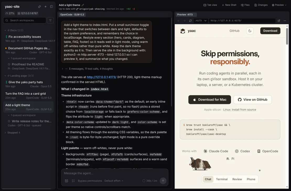 The chat beside a Preview pane showing the landing page in its new light theme
