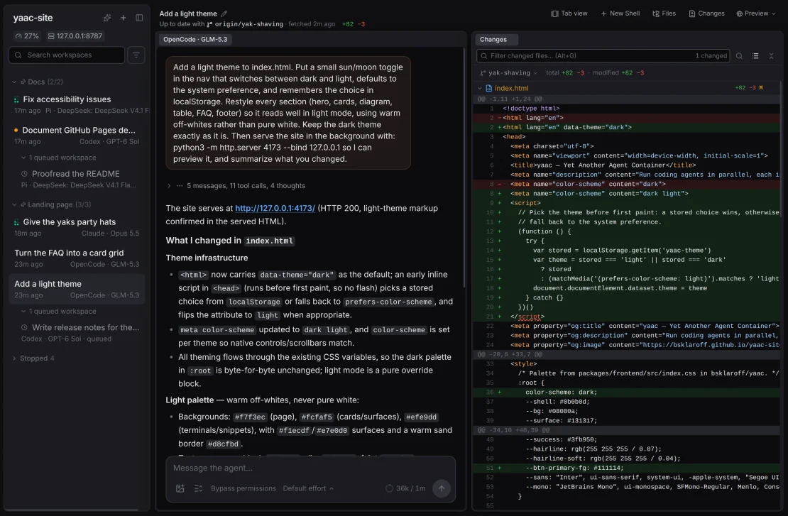 The chat beside the Changes pane, showing the light theme's diff to index.html