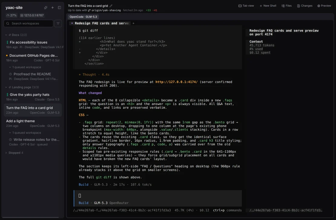 An OpenCode workspace in terminal mode, showing its FAQ redesign and diff
